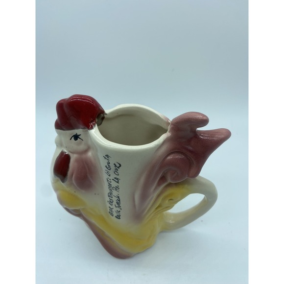 Vintage Art Pottery Rooster  Vase W Handle MCM Pink Yellow La Gruta Bar Rest - Picture 8 of 10